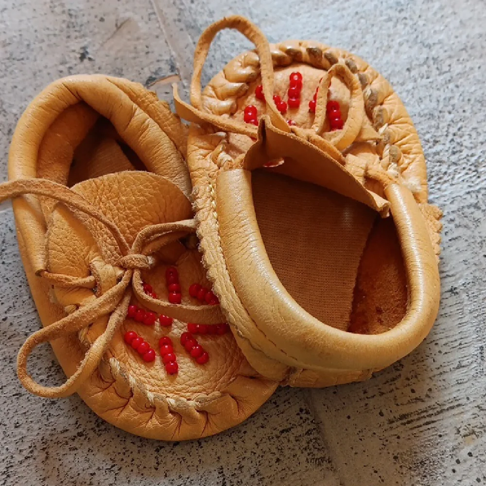 Source Unknown Butterscotch Moccasins w Red Beading Accents